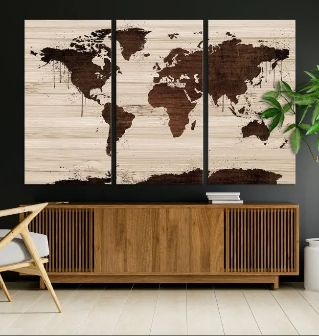 The Brown Wall Art World Map on a Wood Style Background Canvas Print, featuring museum-quality canvas with a UV-protective coating, elegantly enhances the ambiance of the room. Enjoy free shipping for this exquisite decor piece.