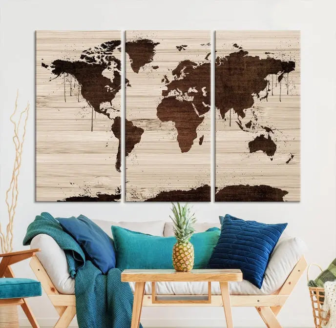 The Brown Wall Art World Map on a Wood Style Background Canvas Print, featuring museum-quality canvas with a UV-protective coating, elegantly enhances the ambiance of the room. Enjoy free shipping for this exquisite decor piece.