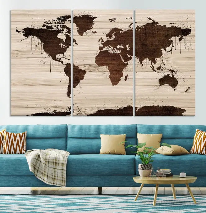 The Brown Wall Art World Map on a Wood Style Background Canvas Print, featuring museum-quality canvas with a UV-protective coating, elegantly enhances the ambiance of the room. Enjoy free shipping for this exquisite decor piece.