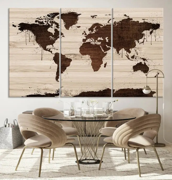 The Brown Wall Art World Map on a Wood Style Background Canvas Print, featuring museum-quality canvas with a UV-protective coating, elegantly enhances the ambiance of the room. Enjoy free shipping for this exquisite decor piece.