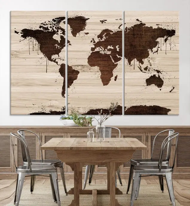 The Brown Wall Art World Map on a Wood Style Background Canvas Print, featuring museum-quality canvas with a UV-protective coating, elegantly enhances the ambiance of the room. Enjoy free shipping for this exquisite decor piece.