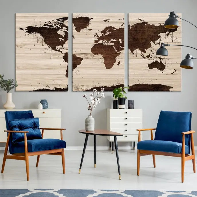 The Brown Wall Art World Map on a Wood Style Background Canvas Print, featuring museum-quality canvas with a UV-protective coating, elegantly enhances the ambiance of the room. Enjoy free shipping for this exquisite decor piece.