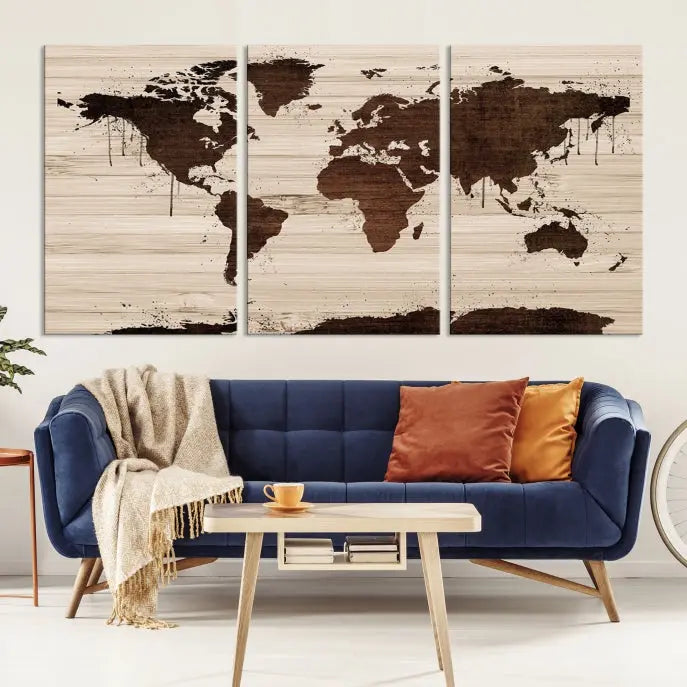 The Brown Wall Art World Map on a Wood Style Background Canvas Print, featuring museum-quality canvas with a UV-protective coating, elegantly enhances the ambiance of the room. Enjoy free shipping for this exquisite decor piece.