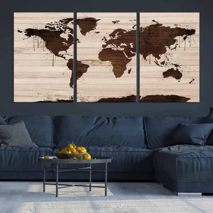 The Brown Wall Art World Map on a Wood Style Background Canvas Print, featuring museum-quality canvas with a UV-protective coating, elegantly enhances the ambiance of the room. Enjoy free shipping for this exquisite decor piece.