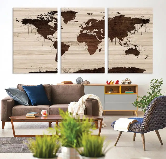 The Brown Wall Art World Map on a Wood Style Background Canvas Print, featuring museum-quality canvas with a UV-protective coating, elegantly enhances the ambiance of the room. Enjoy free shipping for this exquisite decor piece.