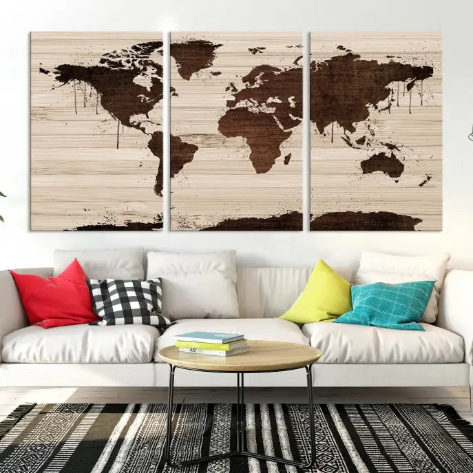 The Brown Wall Art World Map on a Wood Style Background Canvas Print, featuring museum-quality canvas with a UV-protective coating, elegantly enhances the ambiance of the room. Enjoy free shipping for this exquisite decor piece.