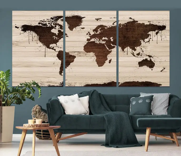 The Brown Wall Art World Map on a Wood Style Background Canvas Print, featuring museum-quality canvas with a UV-protective coating, elegantly enhances the ambiance of the room. Enjoy free shipping for this exquisite decor piece.