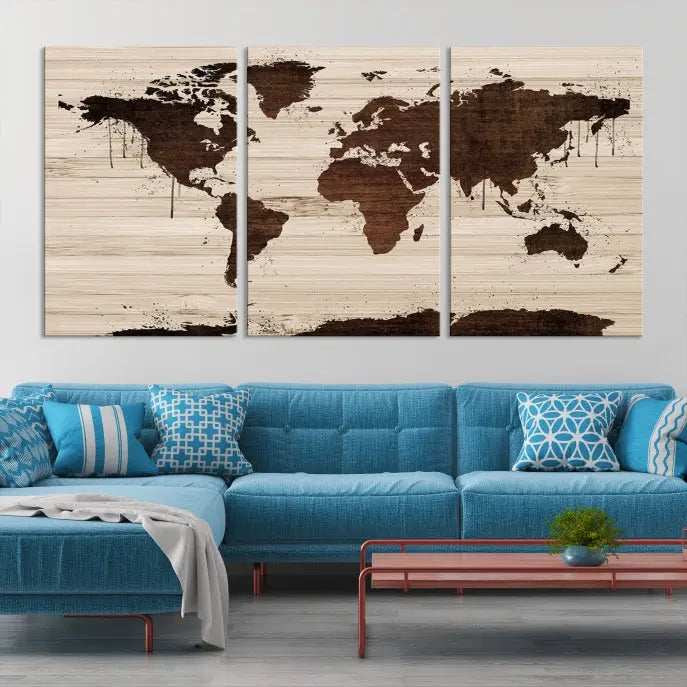 The Brown Wall Art World Map on a Wood Style Background Canvas Print, featuring museum-quality canvas with a UV-protective coating, elegantly enhances the ambiance of the room. Enjoy free shipping for this exquisite decor piece.