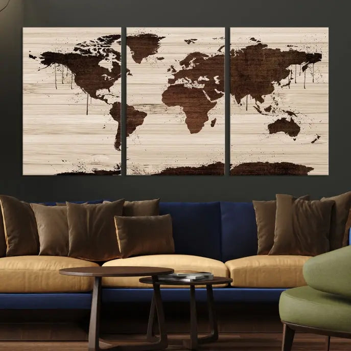 The Brown Wall Art World Map on a Wood Style Background Canvas Print, featuring museum-quality canvas with a UV-protective coating, elegantly enhances the ambiance of the room. Enjoy free shipping for this exquisite decor piece.