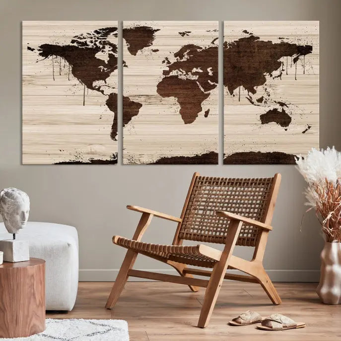 The Brown Wall Art World Map on a Wood Style Background Canvas Print, featuring museum-quality canvas with a UV-protective coating, elegantly enhances the ambiance of the room. Enjoy free shipping for this exquisite decor piece.