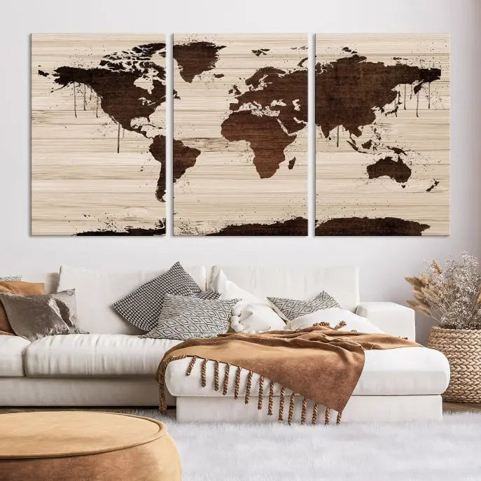 The Brown Wall Art World Map on a Wood Style Background Canvas Print, featuring museum-quality canvas with a UV-protective coating, elegantly enhances the ambiance of the room. Enjoy free shipping for this exquisite decor piece.