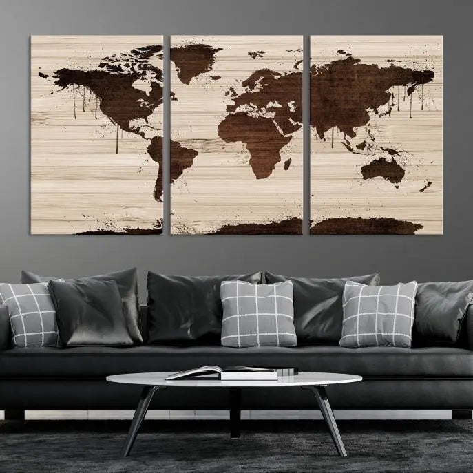 The Brown Wall Art World Map on a Wood Style Background Canvas Print, featuring museum-quality canvas with a UV-protective coating, elegantly enhances the ambiance of the room. Enjoy free shipping for this exquisite decor piece.