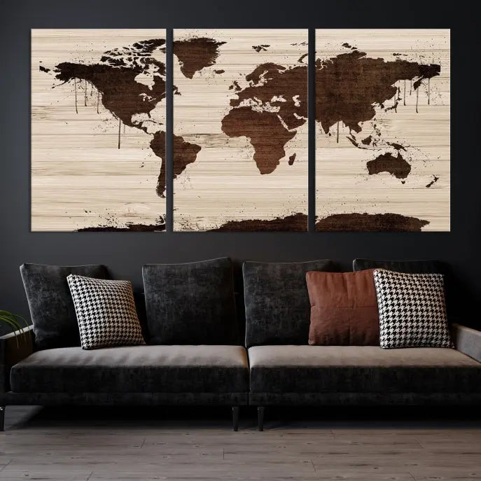 The Brown Wall Art World Map on a Wood Style Background Canvas Print, featuring museum-quality canvas with a UV-protective coating, elegantly enhances the ambiance of the room. Enjoy free shipping for this exquisite decor piece.