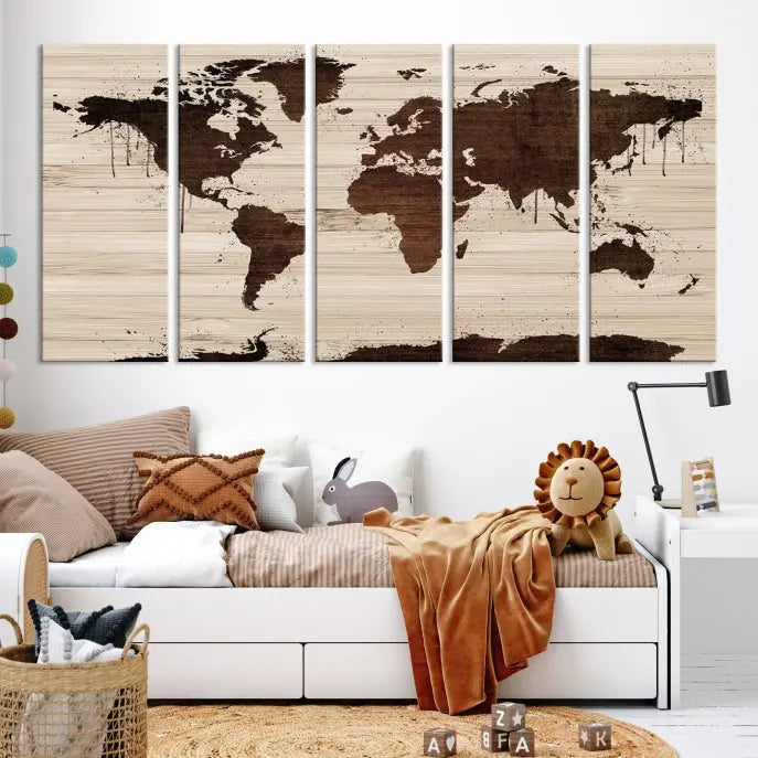 The Brown Wall Art World Map on a Wood Style Background Canvas Print, featuring museum-quality canvas with a UV-protective coating, elegantly enhances the ambiance of the room. Enjoy free shipping for this exquisite decor piece.