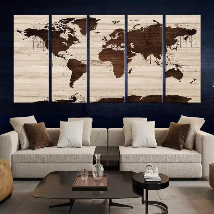 The Brown Wall Art World Map on a Wood Style Background Canvas Print, featuring museum-quality canvas with a UV-protective coating, elegantly enhances the ambiance of the room. Enjoy free shipping for this exquisite decor piece.