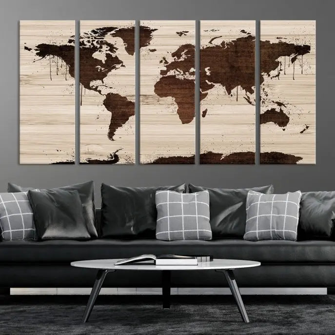 The Brown Wall Art World Map on a Wood Style Background Canvas Print, featuring museum-quality canvas with a UV-protective coating, elegantly enhances the ambiance of the room. Enjoy free shipping for this exquisite decor piece.