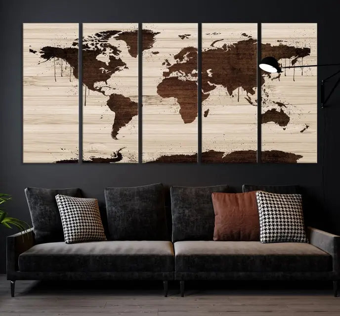 The Brown Wall Art World Map on a Wood Style Background Canvas Print, featuring museum-quality canvas with a UV-protective coating, elegantly enhances the ambiance of the room. Enjoy free shipping for this exquisite decor piece.