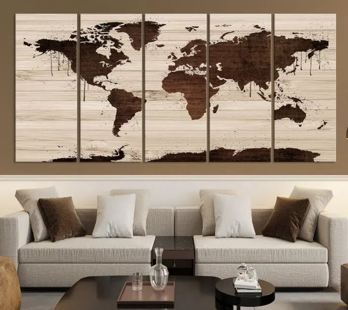 The Brown Wall Art World Map on a Wood Style Background Canvas Print, featuring museum-quality canvas with a UV-protective coating, elegantly enhances the ambiance of the room. Enjoy free shipping for this exquisite decor piece.