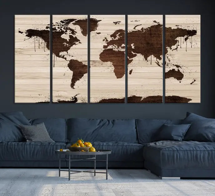 The Brown Wall Art World Map on a Wood Style Background Canvas Print, featuring museum-quality canvas with a UV-protective coating, elegantly enhances the ambiance of the room. Enjoy free shipping for this exquisite decor piece.