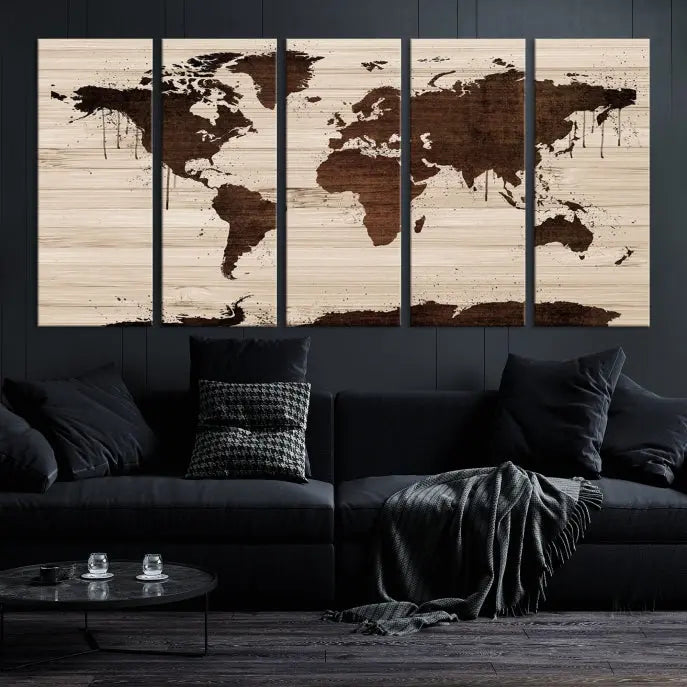 The Brown Wall Art World Map on a Wood Style Background Canvas Print, featuring museum-quality canvas with a UV-protective coating, elegantly enhances the ambiance of the room. Enjoy free shipping for this exquisite decor piece.