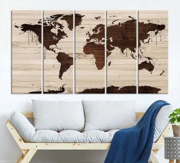 The Brown Wall Art World Map on a Wood Style Background Canvas Print, featuring museum-quality canvas with a UV-protective coating, elegantly enhances the ambiance of the room. Enjoy free shipping for this exquisite decor piece.