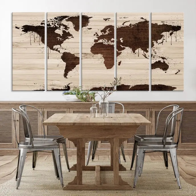 The Brown Wall Art World Map on a Wood Style Background Canvas Print, featuring museum-quality canvas with a UV-protective coating, elegantly enhances the ambiance of the room. Enjoy free shipping for this exquisite decor piece.