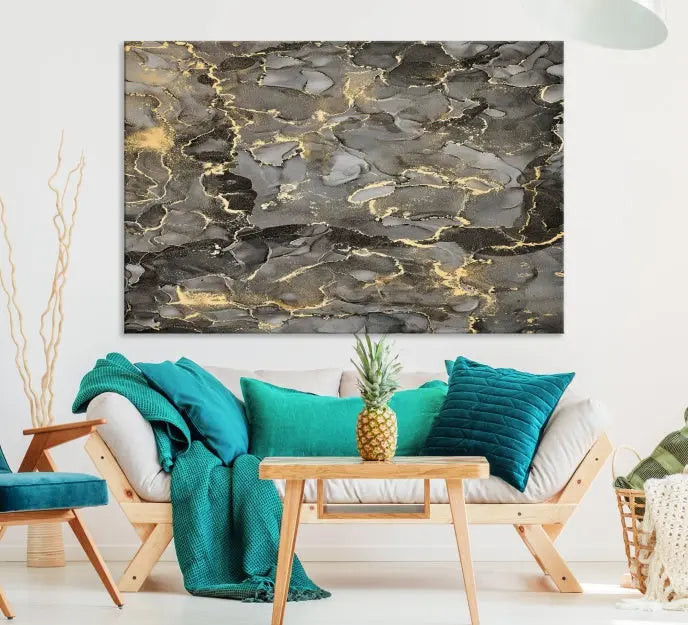 The Brown Yellow Marble Fluid Effect Abstract Canvas Wall Art Print, expertly wrapped on museum-quality canvas, enhances the dark wall with intricate gold and gray swirls.