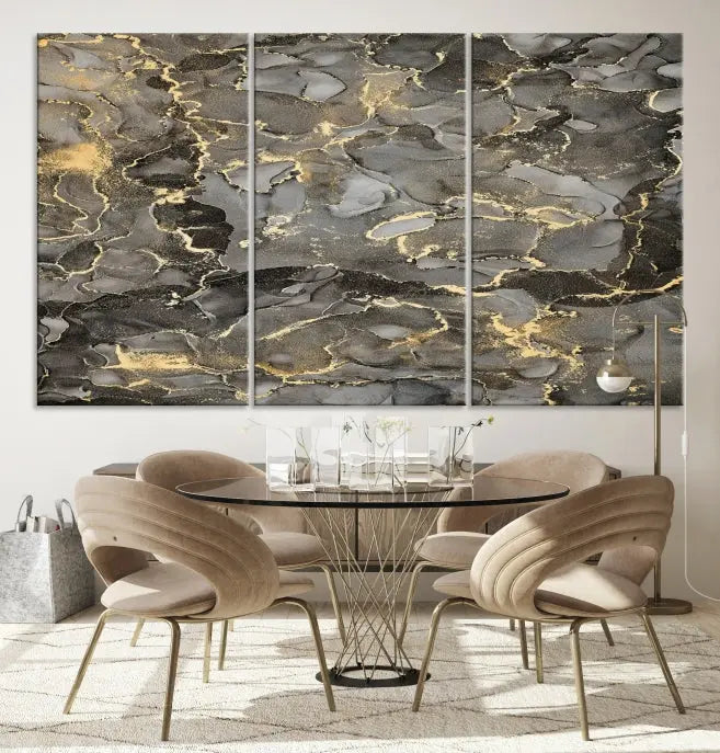 The Brown Yellow Marble Fluid Effect Abstract Canvas Wall Art Print, expertly wrapped on museum-quality canvas, enhances the dark wall with intricate gold and gray swirls.