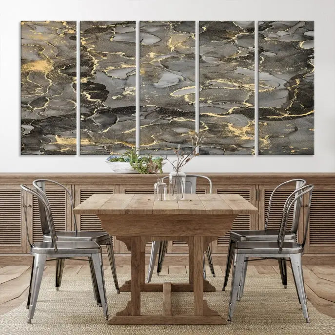 The Brown Yellow Marble Fluid Effect Abstract Canvas Wall Art Print, expertly wrapped on museum-quality canvas, enhances the dark wall with intricate gold and gray swirls.