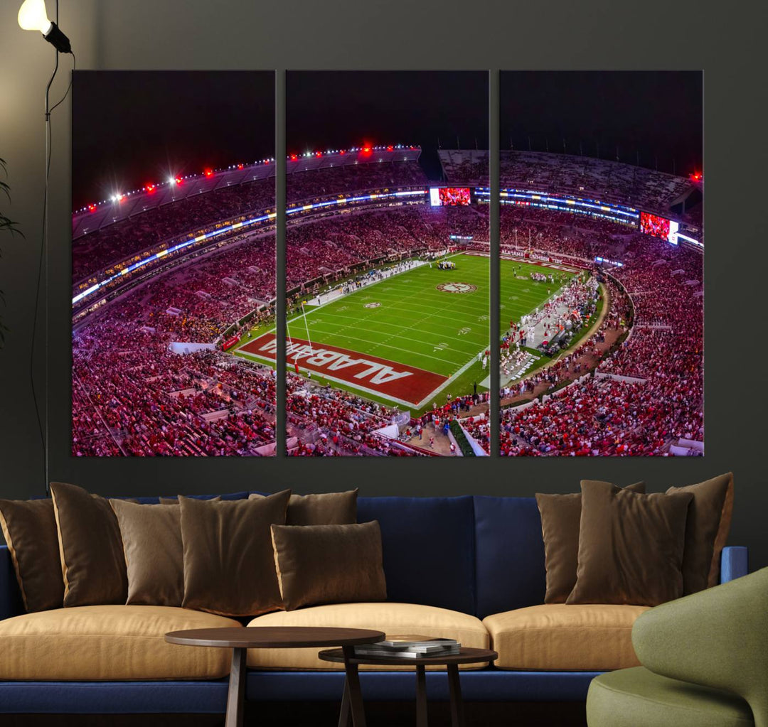 Bryant-Denny Stadium Night Game Triple Canvas Wall Art - Alabama Crimson Tide Football Match