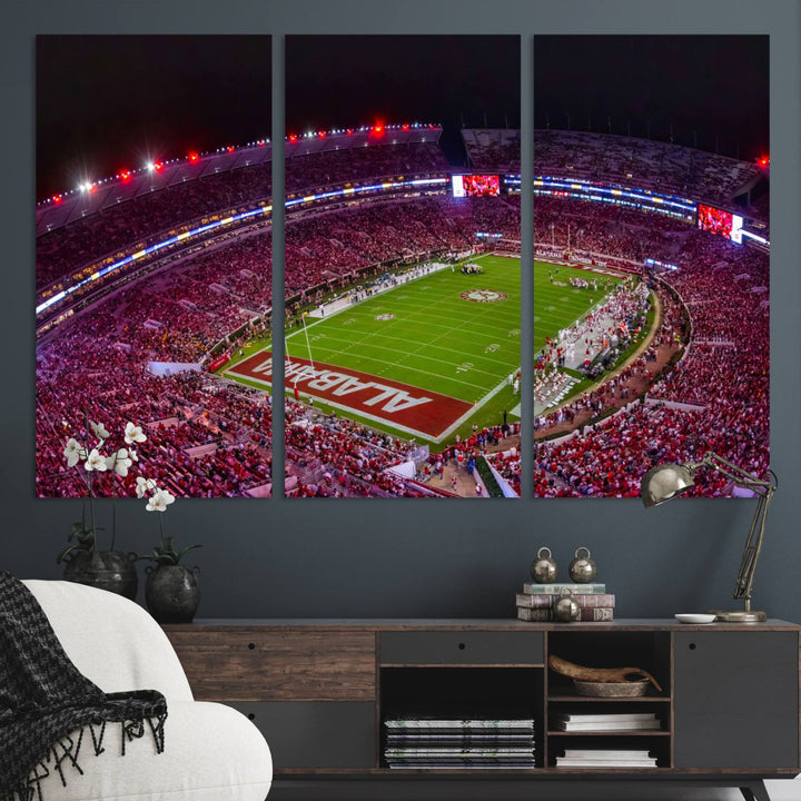 Bryant-Denny Stadium Night Game Triple Canvas Wall Art - Alabama Crimson Tide Football Match