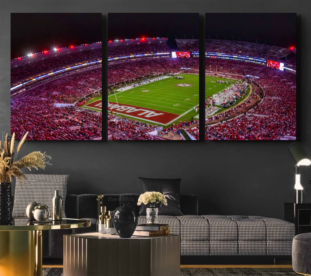 Bryant-Denny Stadium Night Game Triple Canvas Wall Art - Alabama Crimson Tide Football Match