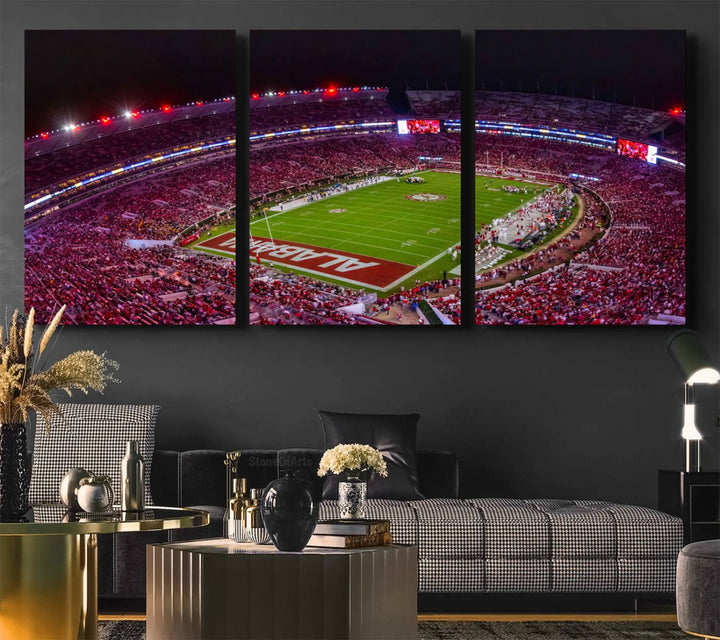 Bryant-Denny Stadium Night Game Triple Canvas Wall Art - Alabama Crimson Tide Football Match
