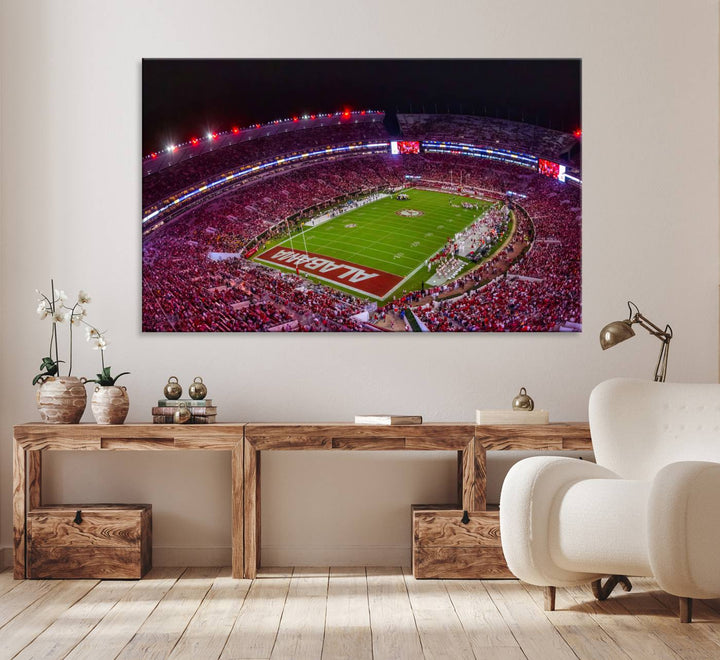 Bryant-Denny Stadium Night Game Triple Canvas Wall Art - Alabama Crimson Tide Football Match