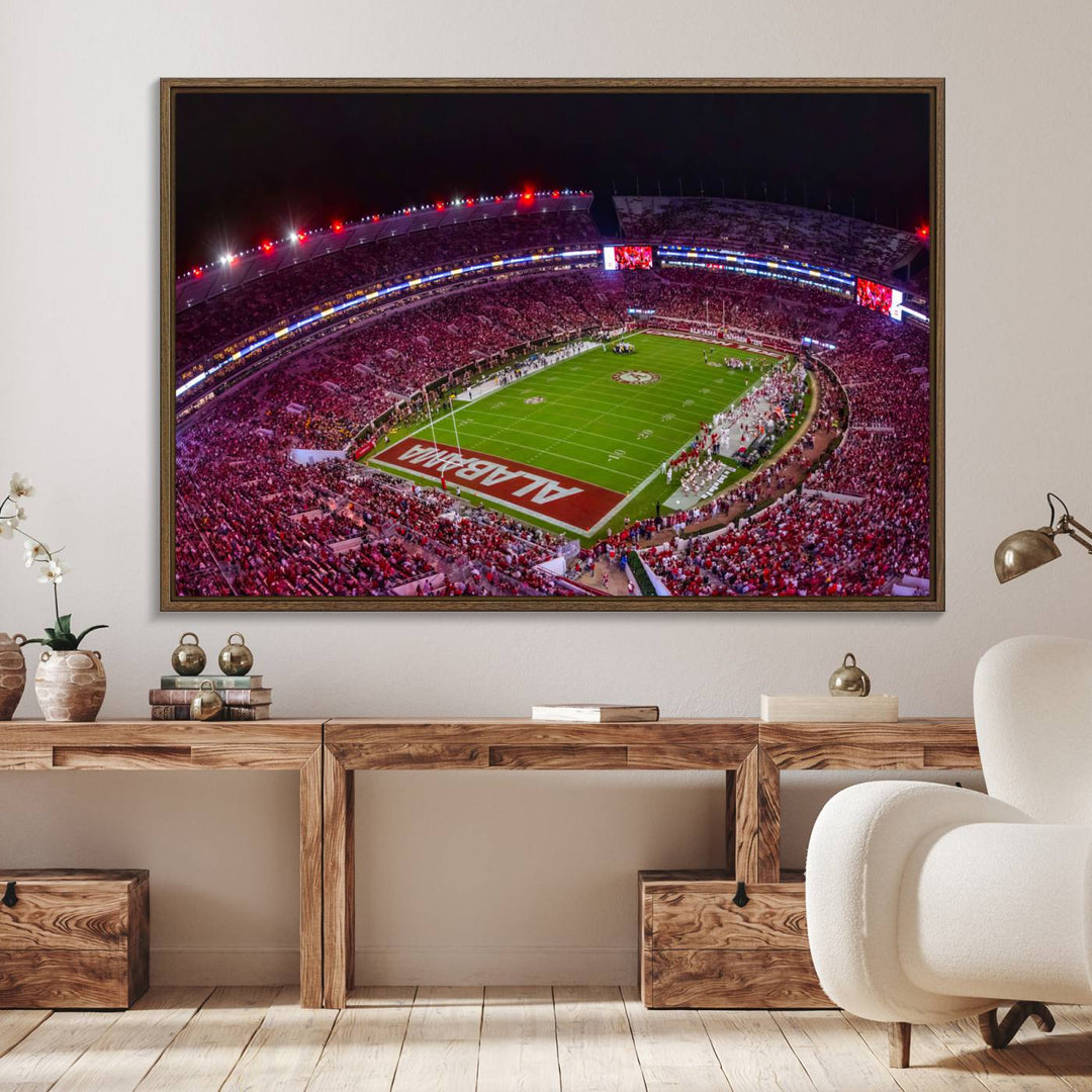 11343-MGV-FC-36X24_Walnut-Bryant-Denny Stadium Night Game Triple Canvas Wall Art - Alabama Crimson Tide Football Match