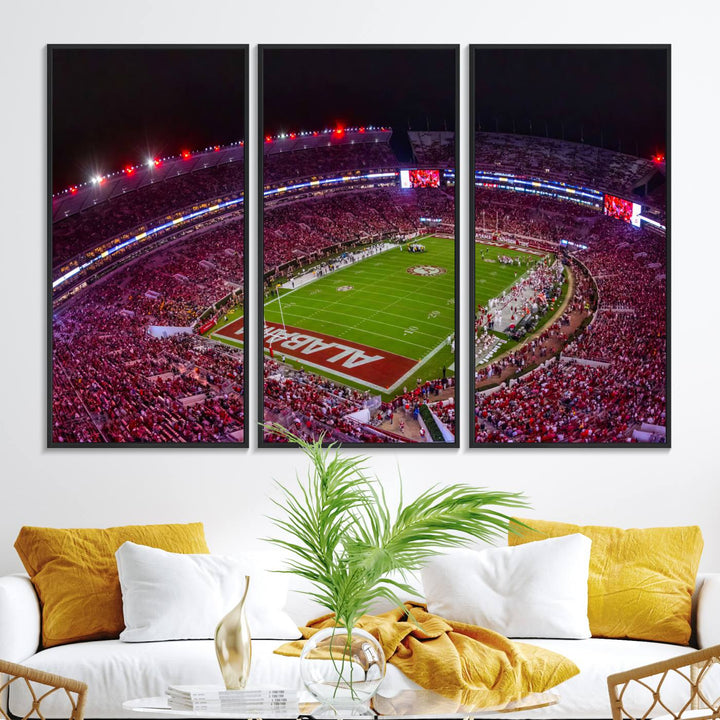 11343-MGV-FC-48X32-3P_Black-Bryant-Denny Stadium Night Game Triple Canvas Wall Art - Alabama Crimson Tide Football Match