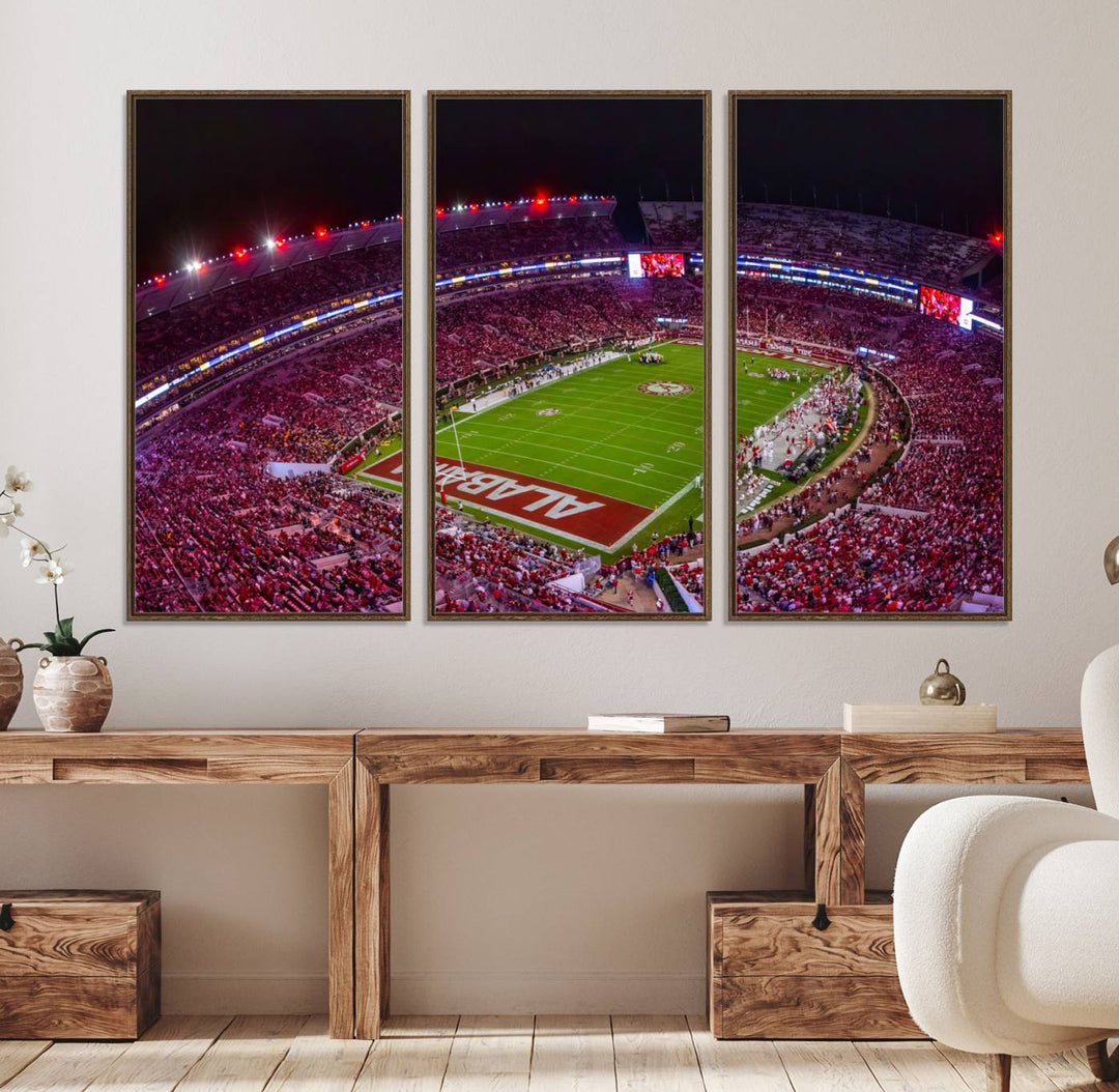 11343-MGV-FC-48X32-3P_Walnut-Bryant-Denny Stadium Night Game Triple Canvas Wall Art - Alabama Crimson Tide Football Match