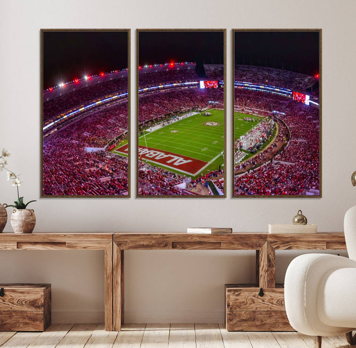 11343-MGV-FC-48X32-3P_Walnut-Bryant-Denny Stadium Night Game Triple Canvas Wall Art - Alabama Crimson Tide Football Match