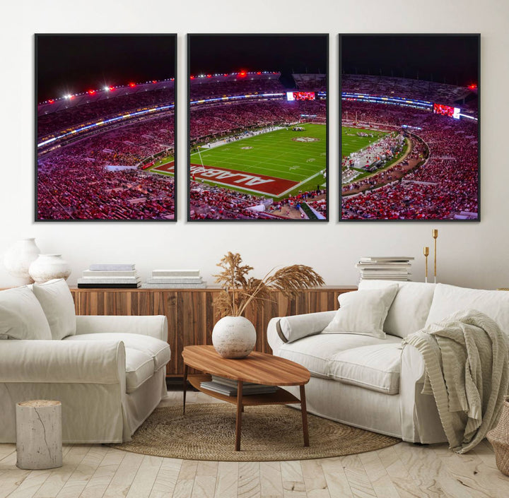 11343-MGV-FC-60X30-3P_Black-Bryant-Denny Stadium Night Game Triple Canvas Wall Art - Alabama Crimson Tide Football Match