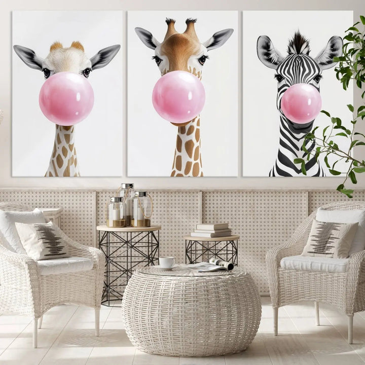 Bubblegum Animals Canvas Wall Art - Playful Giraffe and Zebra Trio, Fun Nursery Decor for Kids' Room, Whimsical Animal Art, Ready to Hang