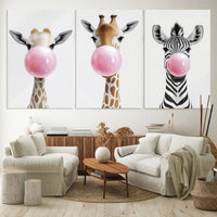 Bubblegum Animals Canvas Wall Art - Playful Giraffe and Zebra Trio, Fun Nursery Decor for Kids' Room, Whimsical Animal Art, Ready to Hang