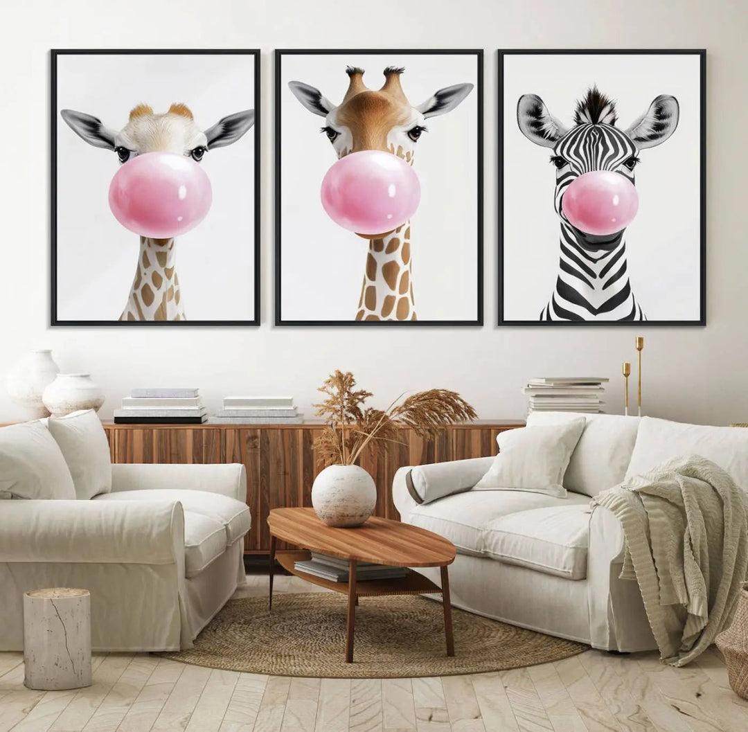 Bubblegum Animals Canvas Wall Art - Playful Giraffe and Zebra Trio, Fun Nursery Decor for Kids' Room, Whimsical Animal Art, Ready to Hang