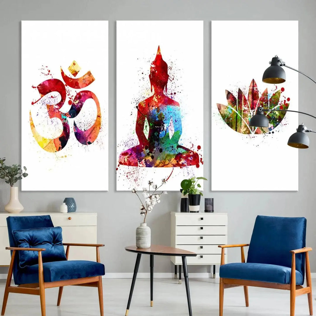 The Buddha Canvas, featuring Asian Wall Art and Yoga Medit Canvas Print designs with an Om symbol, a meditating Buddha, and a lotus, adds a touch of serenity to the space.