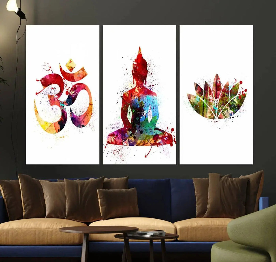 The Buddha Canvas, featuring Asian Wall Art and Yoga Medit Canvas Print designs with an Om symbol, a meditating Buddha, and a lotus, adds a touch of serenity to the space.