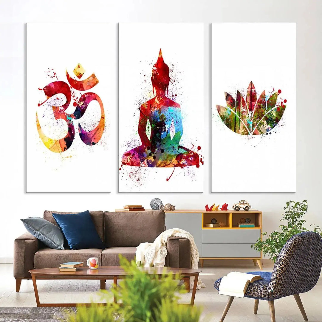 The Buddha Canvas, featuring Asian Wall Art and Yoga Medit Canvas Print designs with an Om symbol, a meditating Buddha, and a lotus, adds a touch of serenity to the space.