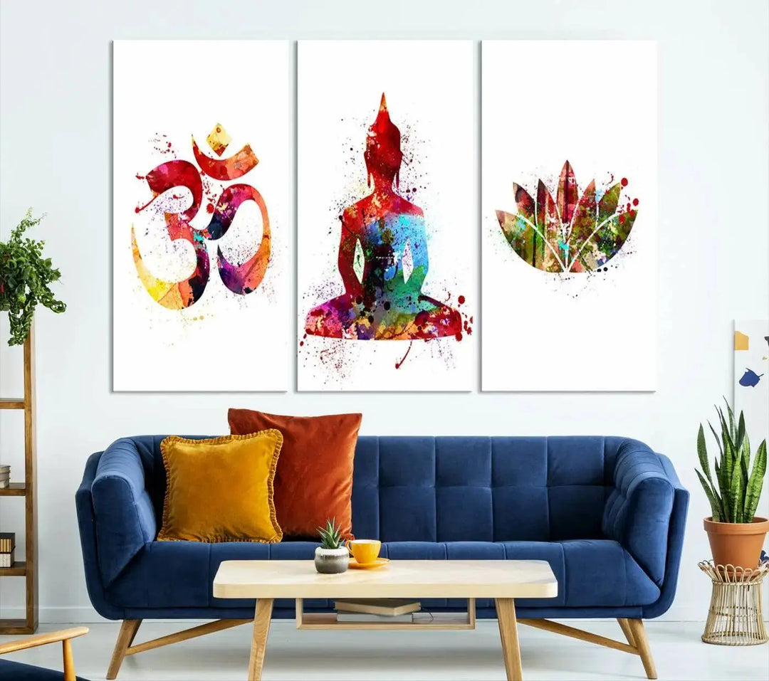 The Buddha Canvas, featuring Asian Wall Art and Yoga Medit Canvas Print designs with an Om symbol, a meditating Buddha, and a lotus, adds a touch of serenity to the space.