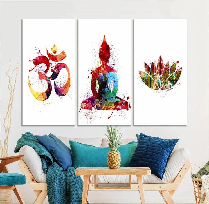 The Buddha Canvas, featuring Asian Wall Art and Yoga Medit Canvas Print designs with an Om symbol, a meditating Buddha, and a lotus, adds a touch of serenity to the space.