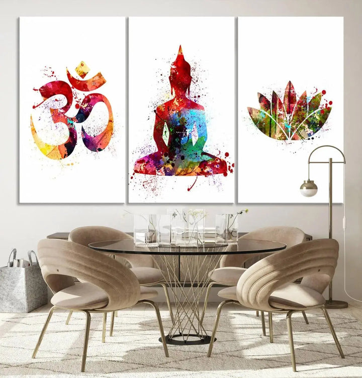 The Buddha Canvas, featuring Asian Wall Art and Yoga Medit Canvas Print designs with an Om symbol, a meditating Buddha, and a lotus, adds a touch of serenity to the space.