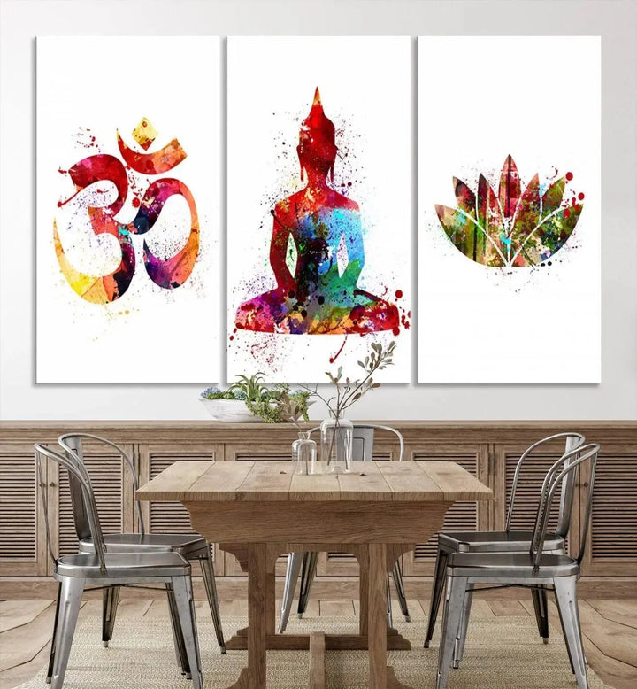 The Buddha Canvas, featuring Asian Wall Art and Yoga Medit Canvas Print designs with an Om symbol, a meditating Buddha, and a lotus, adds a touch of serenity to the space.