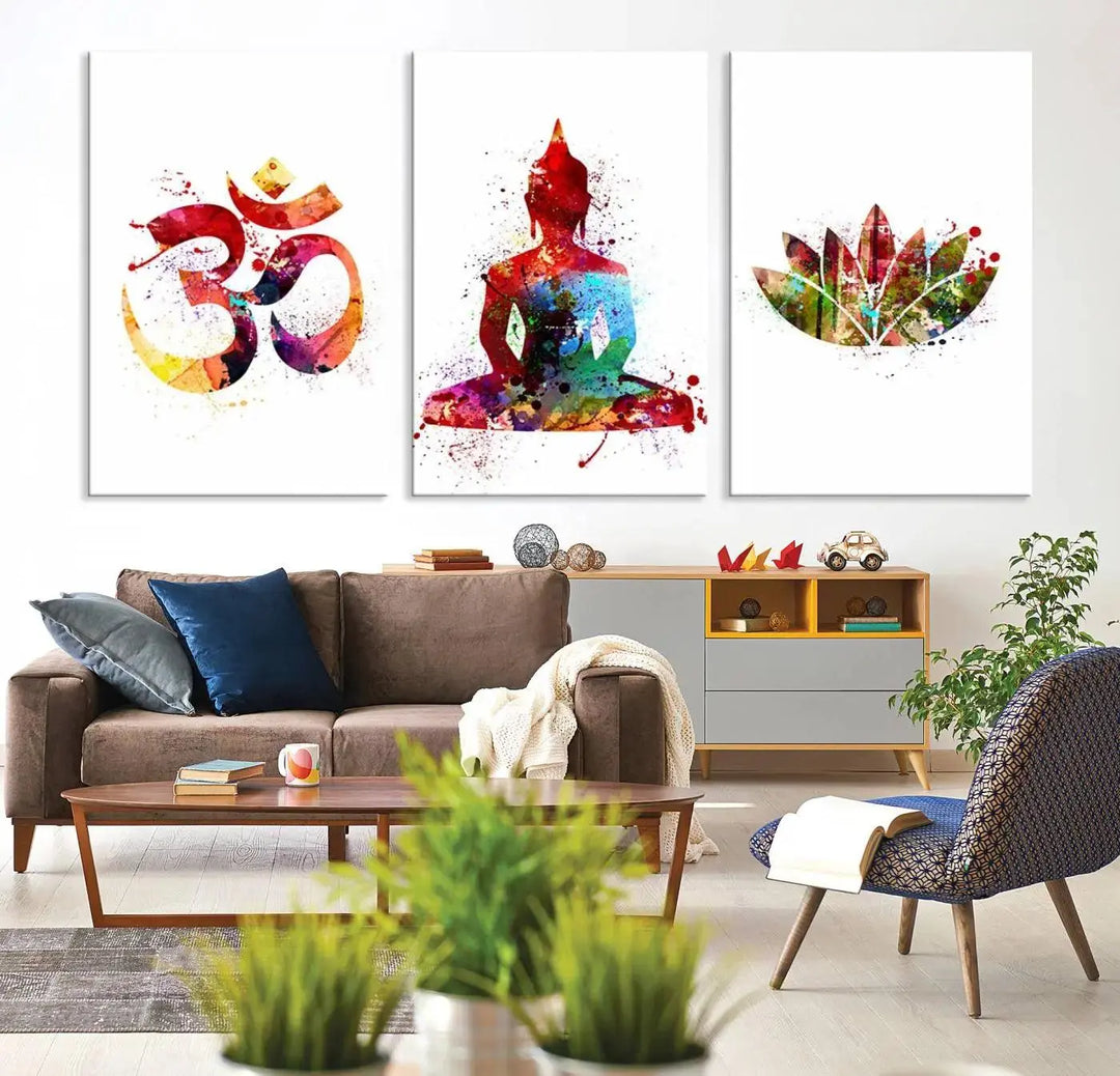 The Buddha Canvas, featuring Asian Wall Art and Yoga Medit Canvas Print designs with an Om symbol, a meditating Buddha, and a lotus, adds a touch of serenity to the space.